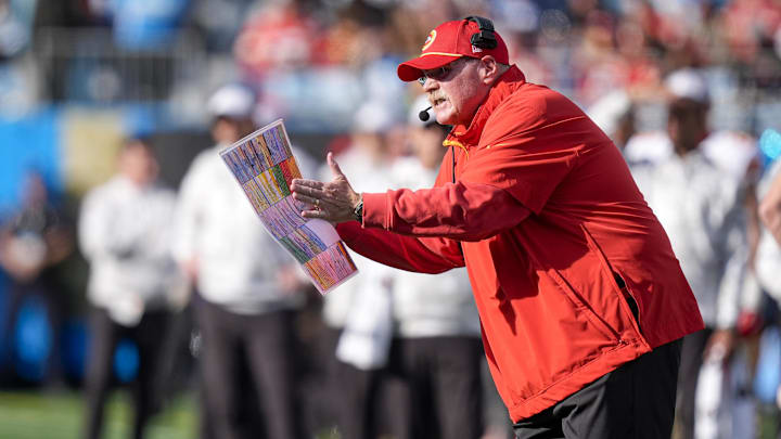 Nov 24, 2024; Charlotte, North Carolina, USA;  Kansas City Chiefs head coach Andy Reid yells out to his offense during the second quarter against the Carolina Panthers at Bank of America Stadium. Mandatory Credit: Jim Dedmon-Imagn Images
