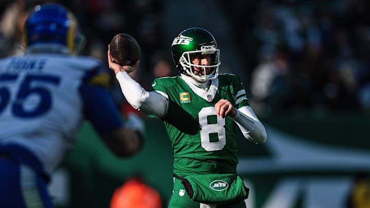 Dec 22, 2024; East Rutherford, New Jersey, USA; New York Jets quarterback Aaron Rodgers (8) throws the ball during the first half against the Los Angeles Rams at MetLife Stadium. Mandatory Credit: Vincent Carchietta-Imagn Images Dec 22, 2024; East Rutherford, New Jersey, USA; New York Jets quarterback Aaron Rodgers (8) throws the ball during the first half against the Los Angeles Rams at MetLife Stadium. Mandatory Credit: Vincent Carchietta-Imagn Images