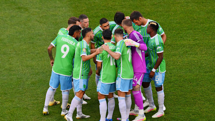 Jun 15, 2025; Seattle, Washington, USA; Seattle Sounders FC huddle up before the game against Botafogo during a group stage match of the 2025 FIFA Club World Cup at Lumen Field. Mandatory Credit: Steven Bisig-Imagn Images