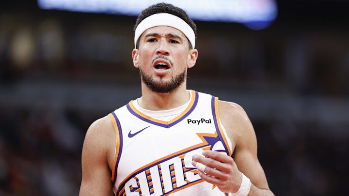 Apr 5, 2026; Chicago, Illinois, USA; Phoenix Suns guard Devin Booker (1) reacts during the second half at United Center. Mandatory Credit: Kamil Krzaczynski-Imagn Images Apr 5, 2026; Chicago, Illinois, USA; Phoenix Suns guard Devin Booker (1) reacts during the second half at United Center. Mandatory Credit: Kamil Krzaczynski-Imagn Images