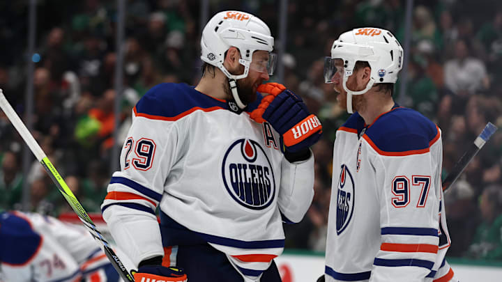 Oct 19, 2024; Dallas, Texas, USA; Edmonton Oilers center Leon Draisaitl (29) talks to center Connor McDavid (97) in the second period against the Dallas Stars at American Airlines Center. Mandatory Credit: Tim Heitman-Imagn Images