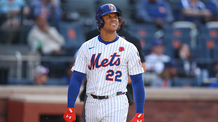 May 26, 2025; New York City, New York, USA; New York Mets right fielder Juan Soto (22) reacts after striking out during the fourth inning against the Chicago White Sox at Citi Field. Mandatory Credit: Vincent Carchietta-Imagn Images
