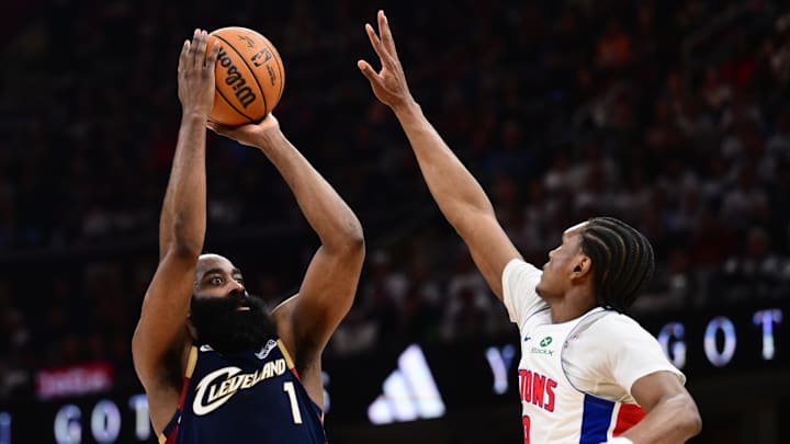 May 11, 2026; Cleveland, Ohio, USA; Cleveland Cavaliers guard James Harden (1) shoots over the defense of  Detroit Pistons guard Ausar Thompson (9) during the second half of game four in the second round of the 2026 NBA Playoffs at Rocket Arena. Mandatory Credit: Ken Blaze-Imagn Images