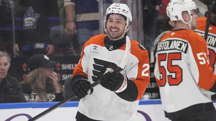 Mar 2, 2026; Toronto, Ontario, CAN; Philadelphia Flyers forward Noah Cates (27) reacts after scoring against the Toronto Maple Leafs during the third period at Scotiabank Arena. Mar 2, 2026; Toronto, Ontario, CAN; Philadelphia Flyers forward Noah Cates (27) reacts after scoring against the Toronto Maple Leafs during the third period at Scotiabank Arena.