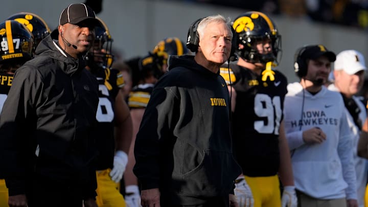 Iowa Hawkeyes head coach Kirk Ferentz watches a replay during a game against the Michigan State Spartans Nov. 22, 2025 at Kinnick Stadium in Iowa City, Iowa.