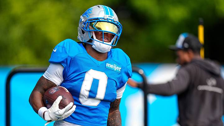 Detroit Lions running back Jahmyr Gibbs (0) practices during training camp at Meijer Performance Center in Allen Park on Monday, August 10, 2026.