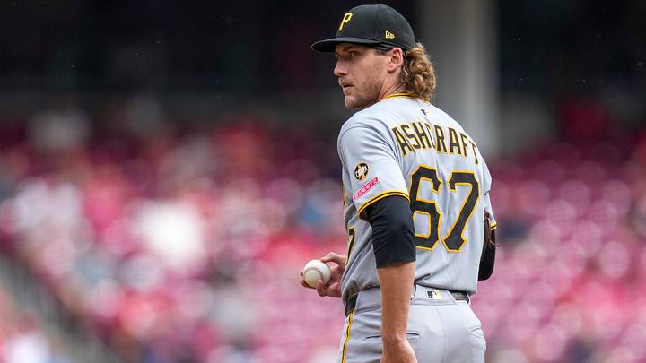 Pittsburgh Pirates relief pitcher Braxton Ashcraft (67) circled back to the mound after walking Cincinnati Reds center fielder TJ Friedl (29) in the third inning of the MLB National League game between the Cincinnati Reds and the Pittsburgh Pirates at Great American Ball Park in downtown Cincinnati on Thursday, Sept. 25, 2025.