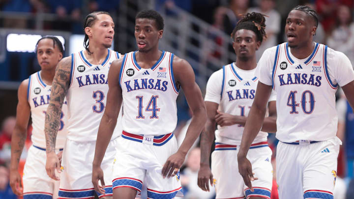 Kansas Jayhawks players return from a timeout during the game against Baylor Bears inside Allen Fieldhouse on Jan. 16, 2026.