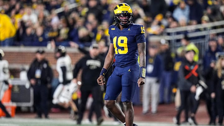 Michigan quarterback Bryce Underwood (19) reacts after throwing an interception against Purdue during the first half at Michigan Stadium in Ann Arbor on Saturday, November 1, 2025.
