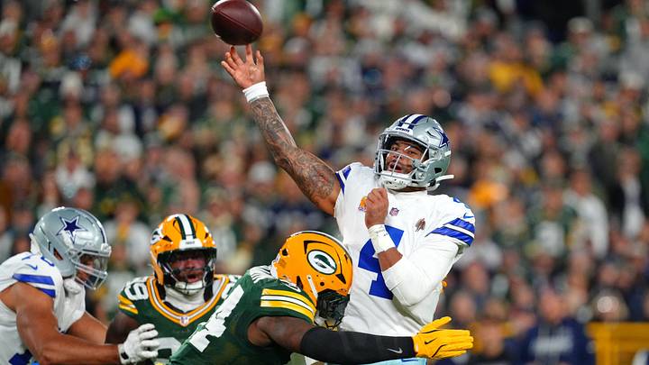 Cowboys quarterback Dak Prescott was hit seven times Sunday night and pressured numerous other times.8 Cowboys quarterback Dak Prescott was hit seven times Sunday night and pressured numerous other times.8