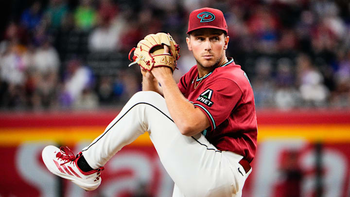 Apr 5, 2026; Phoenix, Arizona, USA; Arizona Diamondbacks pitcher Brandon Pfaadt (32) pitches during the first inning at Chase Field against the Atlanta Braves. Mandatory Credit: Arianna Grainey-Imagn Images
