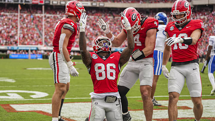 Oct 4, 2025; Athens, Georgia, USA; Georgia Bulldogs wide receiver Dillon Bell (86) reacts after scoring a touchdown against the Kentucky Wildcats during the first half at Sanford Stadium. Mandatory Credit: Dale Zanine-Imagn Images