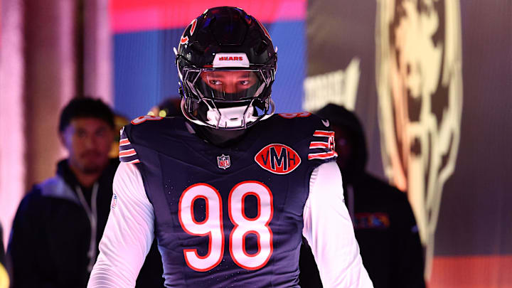 Oct 19, 2025; Chicago, Illinois, USA; Chicago Bears defensive end Montez Sweat (98) takes the field before the game against the New Orleans Saints at Soldier Field. Mandatory Credit: Mike Dinovo-Imagn Images