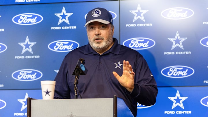 Jun 4, 2024; Frisco, TX, USA;  Dallas Cowboys head coach Mike McCarthy addresses the media before practice at the Ford Center at the Star Training Facility in Frisco, Texas. Mandatory Credit: Tim Heitman-USA TODAY Sports