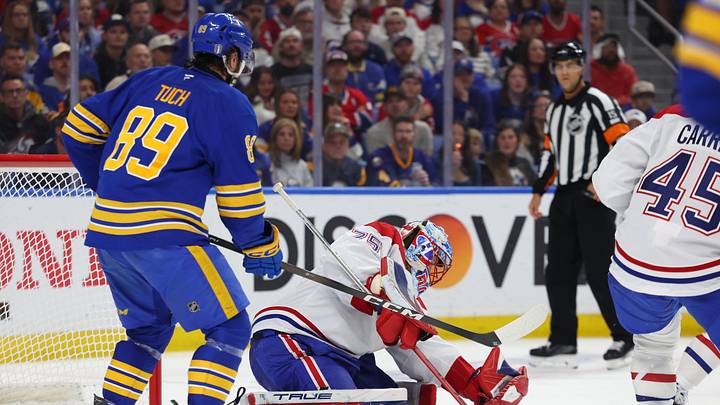 May 8, 2026; Buffalo, New York, USA; Buffalo Sabres right wing Alex Tuch (89) looks for a rebound as Montréal Canadiens goaltender Jakub Dobes (75) looks to make a save during the second period in game two of the second round of the 2026 Stanley Cup Playoffs at KeyBank Center. Mandatory Credit: Timothy T. Ludwig-Imagn Images May 8, 2026; Buffalo, New York, USA; Buffalo Sabres right wing Alex Tuch (89) looks for a rebound as Montréal Canadiens goaltender Jakub Dobes (75) looks to make a save during the second period in game two of the second round of the 2026 Stanley Cup Playoffs at KeyBank Center. Mandatory Credit: Timothy T. Ludwig-Imagn Images