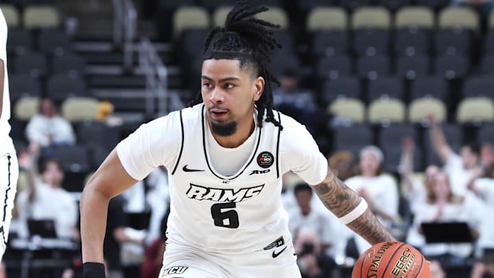 Mar 15, 2026; Pittsburgh, PA, USA;  VCU Rams guard Terrence Hill Jr. (6) brings the ball up court against the Dayton Flyers during the first half in the Atlantic 10 Conference Tournament Championship game at PPG Paints Arena. Mandatory Credit: Charles LeClaire-Imagn Images