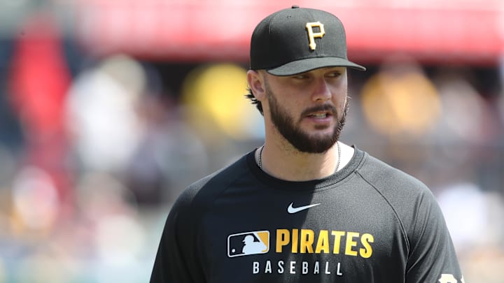 May 11, 2025; Pittsburgh, Pennsylvania, USA;  Pittsburgh Pirates pitcher Paul Skenes (30) looks on before the game against the Atlanta Braves at PNC Park. Mandatory Credit: Charles LeClaire-Imagn Images