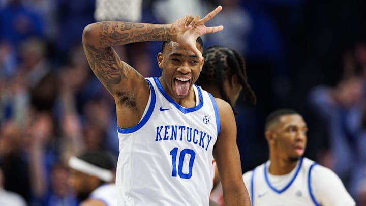Jan 18, 2025; Lexington, Kentucky, USA; Kentucky Wildcats forward Brandon Garrison (10) celebrates after making a three point basket against the Alabama Crimson Tide at Rupp Arena at Central Bank Center. Mandatory Credit: Jordan Prather-Imagn Images