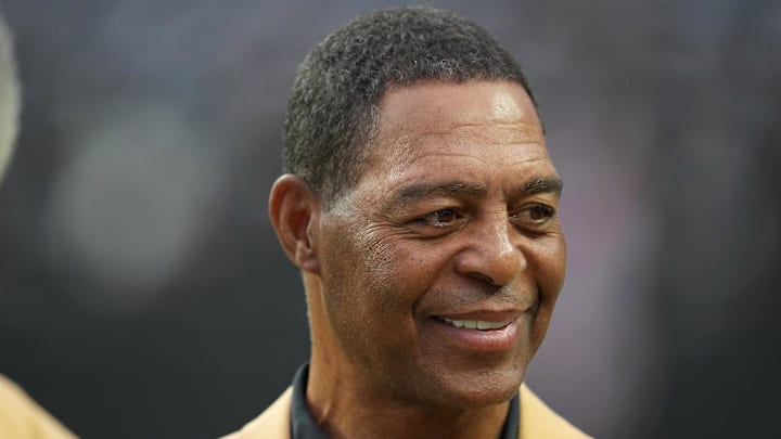 Dec 4, 2022; Paradise, Nevada, USA; NFL Hall of fame running back Marcus Allen is on the sidelines before the start of a game between the Las Vegas Raiders and the Los Angeles Chargers at Allegiant Stadium. Mandatory Credit: Stephen R. Sylvanie-Imagn Images
