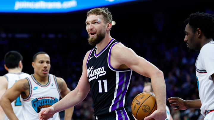Mar 17, 2025; Sacramento, California, USA; Sacramento Kings forward Domantas Sabonis (11) reacts after a play during the second quarter against the Memphis Grizzlies at Golden 1 Center. Mandatory Credit: Sergio Estrada-Imagn Images