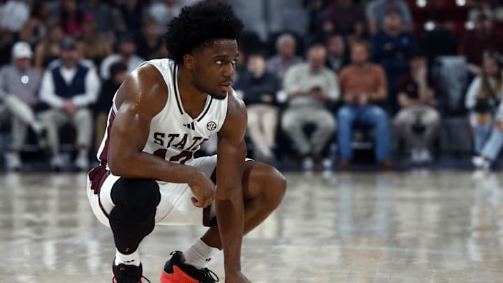 Mar 4, 2025; Starkville, Mississippi, USA; Mississippi State Bulldogs guard Josh Hubbard (12) looks on during the first half against the Texas Longhorns at Humphrey Coliseum. Mandatory Credit: Petre Thomas-Imagn Images