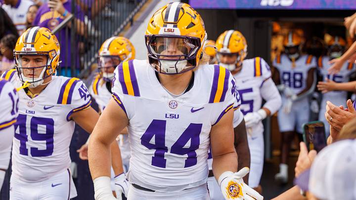 LSU Tigers defensive end Jack Pyburn (44) during warmups before the game against the Southeastern Louisiana Lions at Tiger Stadium. LSU Tigers defensive end Jack Pyburn (44) during warmups before the game against the Southeastern Louisiana Lions at Tiger Stadium.