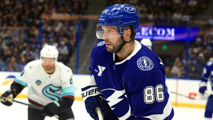 Tampa Bay Lightning right wing Nikita Kucherov (86) skates with the puck against the Seattle Kraken during the third period at Benchmark International Arena.  Mandatory Credit: Kim Klement Neitzel-Imagn Images
