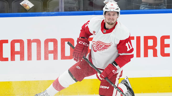 Apr 17, 2025; Toronto, Ontario, CAN; Detroit Red Wings right wing Vladimir Tarasenko (11) stretches during the warmup before a game against the Toronto Maple Leafs at Scotiabank Arena. Mandatory Credit: Nick Turchiaro-Imagn Images