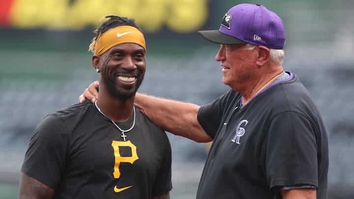 Aug 22, 2025; Pittsburgh, Pennsylvania, USA; Pittsburgh Pirates designated hitter Andrew McCutchen (left) talks with Colorado Rockies interim bench coach Clint Hurdle (right) before the game at PNC Park. Mandatory Credit: Charles LeClaire-Imagn Images Aug 22, 2025; Pittsburgh, Pennsylvania, USA; Pittsburgh Pirates designated hitter Andrew McCutchen (left) talks with Colorado Rockies interim bench coach Clint Hurdle (right) before the game at PNC Park. Mandatory Credit: Charles LeClaire-Imagn Images