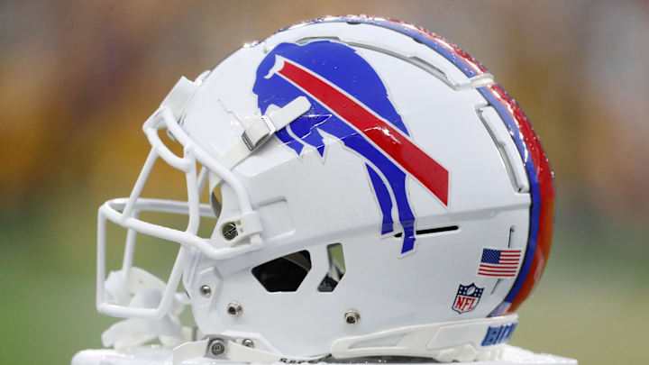 Aug 17, 2024; Pittsburgh, Pennsylvania, USA;  A Buffalo Bills helmet on the sidelines against the Pittsburgh Steelers during the second quarter at Acrisure Stadium.