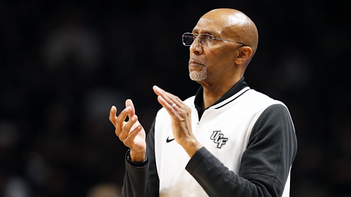 Feb 11, 2025; Orlando, Florida, USA;  UCF Knights head coach Johnny Dawkins during a game against the Iowa State Cyclones at Addition Financial Arena. Mandatory Credit: Russell Lansford-Imagn Images