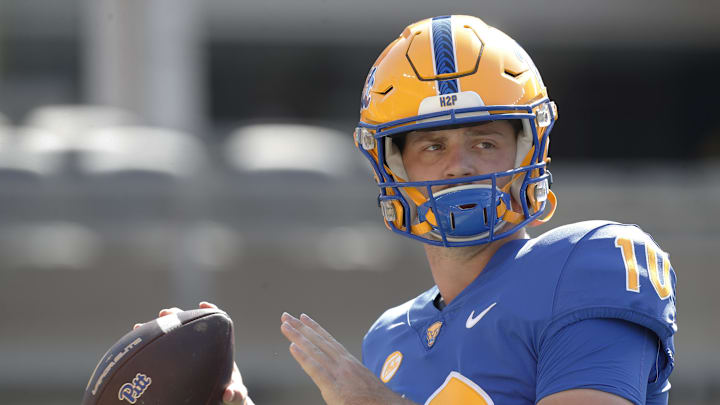 Sep 21, 2024; Pittsburgh, Pennsylvania, USA;  Pittsburgh Panthers quarterback Eli Holstein (10) warms up before a game against the Youngstown State Penguins at Acrisure Stadium. Mandatory Credit: Charles LeClaire-Imagn Images