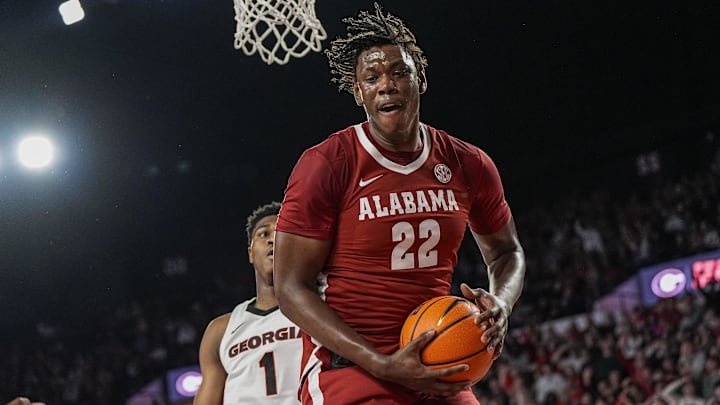Mar 3, 2026; Athens, Georgia, USA; Alabama Crimson Tide forward Aiden Sherrell (22) grabs a rebound against the Georgia Bulldogs at Stegeman Coliseum. Mandatory Credit: Dale Zanine-Imagn Images Mar 3, 2026; Athens, Georgia, USA; Alabama Crimson Tide forward Aiden Sherrell (22) grabs a rebound against the Georgia Bulldogs at Stegeman Coliseum. Mandatory Credit: Dale Zanine-Imagn Images