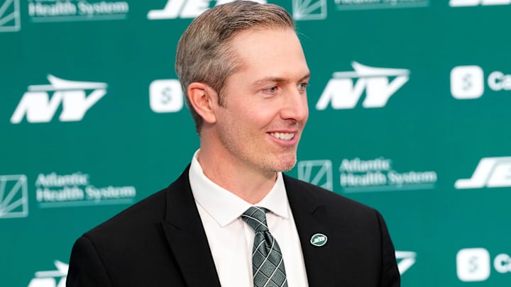 Darren Mougey is shown during a press conference where he was introduced as the new general manager of the New York Jets, at the Atlantic Health Jets Training Center, Monday, January 27, 2025, in Florham Park.