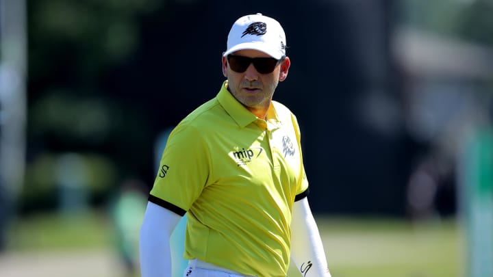 Jun 8, 2024; Houston, Texas, USA; Sergio Garcia of Fireballs Golf Club on the 18th hole during the second round of the LIV Golf Houston golf tournament at Golf Club of Houston. Mandatory Credit: Erik Williams-USA TODAY Sports