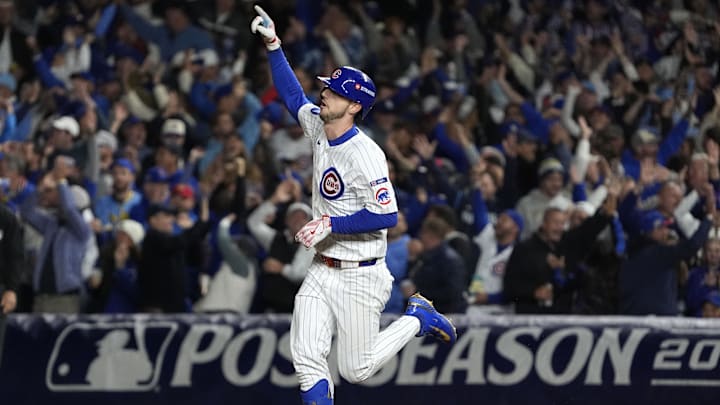 Oct 9, 2025; Chicago, Illinois, USA; Chicago Cubs right fielder Kyle Tucker (30) reacts after hitting a home run against the Milwaukee Brewers during the seventh inning for game four of the NLDS round for the 2025 MLB playoffs at Wrigley Field. Mandatory Credit: David Banks-Imagn Images