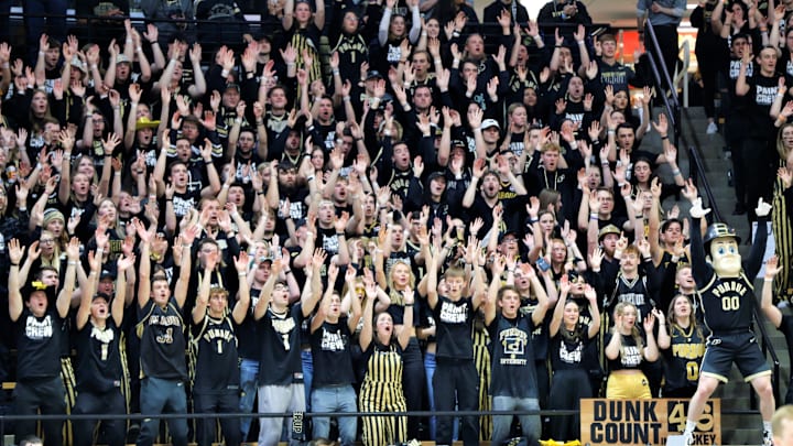Purdue Pete and the Paint Crew start a chant before a game against Indiana Feb. 25, 2023