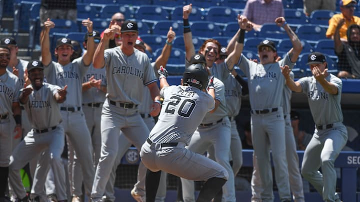 May 21 2024; Hoover, AL, USA; South Carolina hitter Ethan Petry celebrates his solo homer in the third inning agains Alabama at the Hoover Met on the opening day of the SEC Tournament. The Gamecocks hit three homers in the inning including a grand slam.