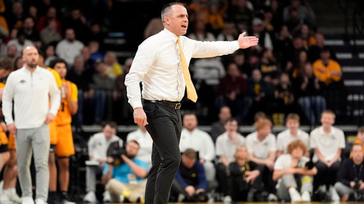 Iowa head coach Ben McCollum reacts during a basketball game against the Northwestern Wildcats Feb. 8, 2026 at Carver-Hawkeye Arena in Iowa City, Iowa.