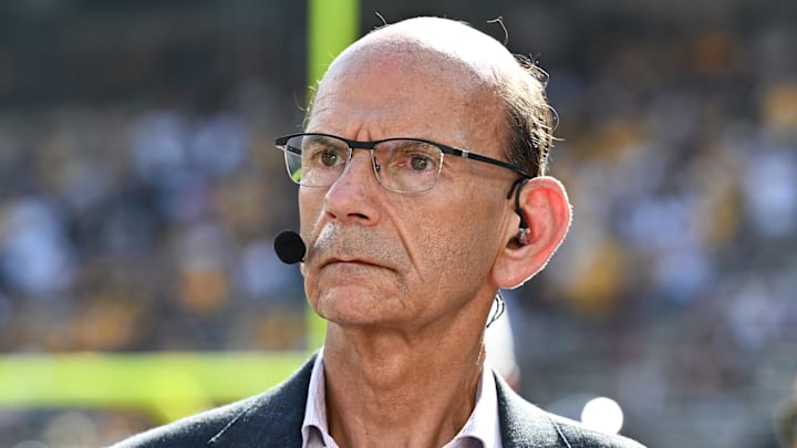 Oct 5, 2024; College Station, Texas, USA; SEC Nation analyst Paul Finebaum looks on prior to the game between the Texas A&M Aggies and the Missouri Tigers at Kyle Field. Mandatory Credit: Maria Lysaker-Imagn Images. Oct 5, 2024; College Station, Texas, USA; SEC Nation analyst Paul Finebaum looks on prior to the game between the Texas A&M Aggies and the Missouri Tigers at Kyle Field. Mandatory Credit: Maria Lysaker-Imagn Images.