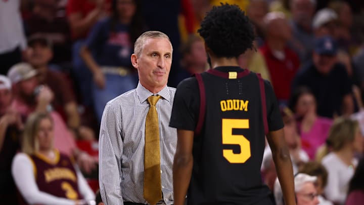 Jan 31, 2026; Tempe, Arizona, USA; Arizona State Sun Devils head coach Bobby Hurley with guard Maurice Odum (5) against the Arizona Wildcats at Desert Financial Arena. Mandatory Credit: Mark J. Rebilas-Imagn Images