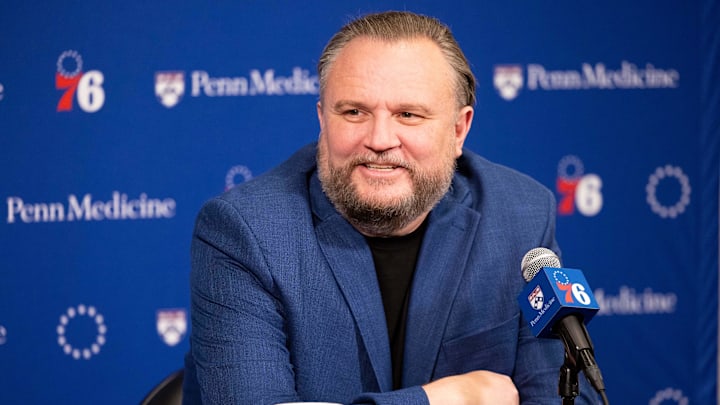 Dec 15, 2023; Philadelphia, Pennsylvania, USA; Philadelphia 76ers resident of Basketball Operations Daryl Morey speaks with the media before a game against the Detroit Pistons at Wells Fargo Center. Mandatory Credit: Bill Streicher-Imagn Images Dec 15, 2023; Philadelphia, Pennsylvania, USA; Philadelphia 76ers resident of Basketball Operations Daryl Morey speaks with the media before a game against the Detroit Pistons at Wells Fargo Center. Mandatory Credit: Bill Streicher-Imagn Images