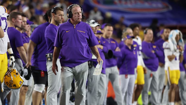 Nov 16, 2024; Gainesville, Florida, USA; LSU Tigers head coach Brian Kelly against the Florida Gators during the second half at Ben Hill Griffin Stadium. Mandatory Credit: Kim Klement Neitzel-Imagn Images Nov 16, 2024; Gainesville, Florida, USA; LSU Tigers head coach Brian Kelly against the Florida Gators during the second half at Ben Hill Griffin Stadium. Mandatory Credit: Kim Klement Neitzel-Imagn Images