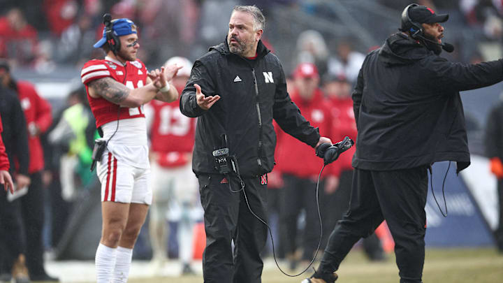 Dec 28, 2024; Bronx, NY, USA; Nebraska Cornhuskers head coach Matt Rhule reacts during the second half against the Boston College Eagles at Yankee Stadium. Mandatory Credit: Vincent Carchietta-Imagn Images