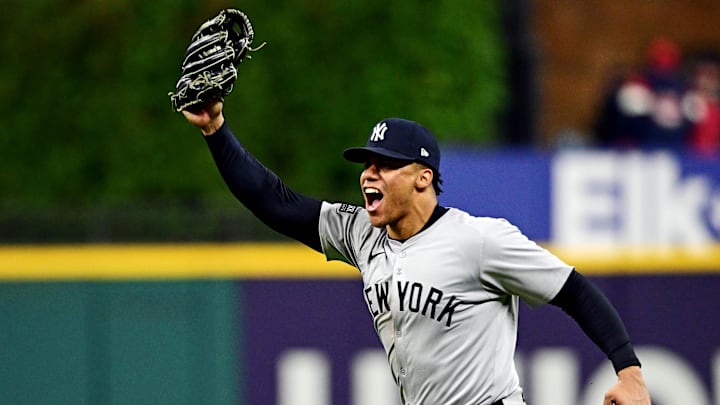 Oct 19, 2024; Cleveland, Ohio, USA; New York Yankees outfielder Juan Soto (22) celebrates after making the final out to beat the Cleveland Guardians during game five of the ALCS for the 2024 MLB playoffs at Progressive Field. Mandatory Credit: David Dermer-Imagn Images Oct 19, 2024; Cleveland, Ohio, USA; New York Yankees outfielder Juan Soto (22) celebrates after making the final out to beat the Cleveland Guardians during game five of the ALCS for the 2024 MLB playoffs at Progressive Field. Mandatory Credit: David Dermer-Imagn Images