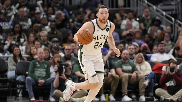 Mar 30, 2025; Milwaukee, Wisconsin, USA;  Milwaukee Bucks guard Pat Connaughton (24) during the game against the Atlanta Hawks at Fiserv Forum. Mandatory Credit: Jeff Hanisch-Imagn Images