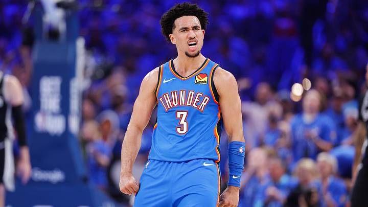 May 18, 2026; Oklahoma City, Oklahoma, USA; Oklahoma City Thunder guard Jared McCain (3) reacts in the second quarter against the San Antonio Spurs during game one of the western conference finals for the 2026 NBA playoffs at Paycom Center. Mandatory Credit: Alonzo Adams-Imagn Images