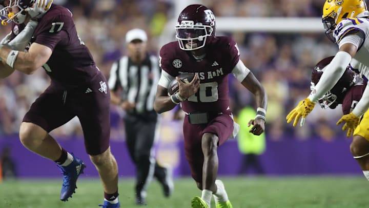 Oct 25, 2025; Baton Rouge, Louisiana, USA; Texas A&M Aggies quarterback Marcel Reed (10) scrambles during the second half against the Louisiana State Tigers at Tiger Stadium. Mandatory Credit: Stephen Lew-Imagn Images Oct 25, 2025; Baton Rouge, Louisiana, USA; Texas A&M Aggies quarterback Marcel Reed (10) scrambles during the second half against the Louisiana State Tigers at Tiger Stadium. Mandatory Credit: Stephen Lew-Imagn Images