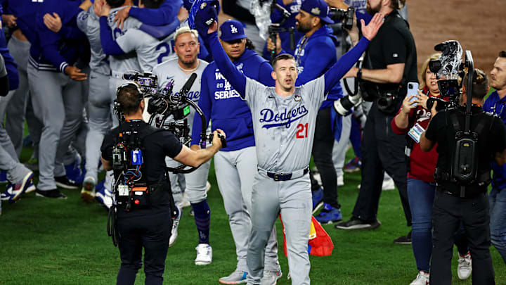 Oct 30, 2024; New York, USA, LAD; Los Angeles Dodgers pitcher Walker Buehler (21) celebrates after the Los Angeles Dodgers beat the New York Yankees in game five to win the 2024 Imagn Images World Series at New York. Mandatory Credit: Wendell Cruz-Imagn Images