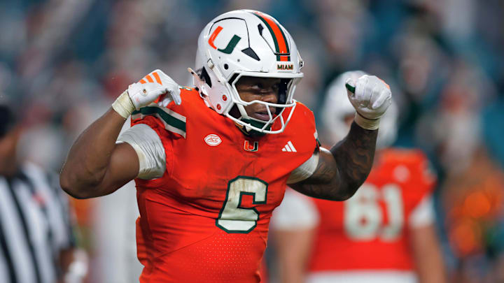 Aug 31, 2025; Miami Gardens, Florida, USA; Miami Hurricanes running back CharMar Brown (6) reacts after scoring a touchdown against the Notre Dame Fighting Irish during the third quarter at Hard Rock Stadium. Mandatory Credit: Sam Navarro-Imagn Images